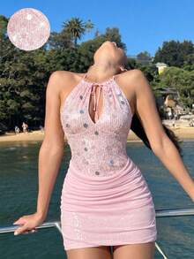 SHEIN MOD Đầm midi nữ thanh lịch với họa tiết hoa 3D và viền bèo nhún. - Đỏ - Xem 6