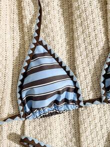 Swim Vcay Bộ bikini nữ sọc xanh và nâu mùa hè 2026 mới, áo tam giác buộc dây cổ có viền ren móc và quần cạp cao, đồ bơi đi biển thanh lịch, thoải mái cho kỳ nghỉ. - Nhiều màu - Xem 5