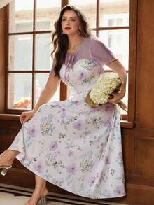 SHEIN Clasi Plus Size Women's French Floral Patchwork White Summer Elegant Wedding Tea Party Maxi Dress,Mesh Puff Sleeve Tie-Front Retro Chiffon Date Holiday - Multicolor - View 5
