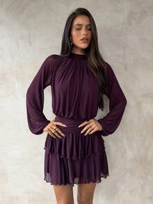 Aloruh Women's Sexy Elegant Halter Waist Ruched Ruffle Hem Long Sleeve Mini Dress - Purple - View 7