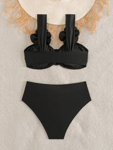 Bonvoyette Bộ bikini 2 mảnh nữ dệt kim họa tiết hoa 3D gợi cảm, phong cách thanh lịch, không gọng, cho tiệc bãi biển ngoài trời, tiệc hồ bơi, lễ Giáng sinh, mùa đông, năm mới và mùa hè, mẫu hot trend - màu đen - Xem 2