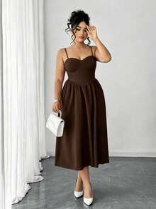 Elenzga Plus Size Women Solid Color Cinched Waist Spaghetti Strap Dress - Brown - View 3