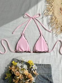Swim Mod 女款春夏棕色與粉色波點印花蝴蝶結裝飾V領露背掛脖三角比基尼上衣，甜美度假海灘派對性感風 - 彩色 - 查看 3