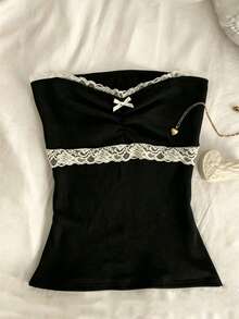 IslaSuriya Women's Lace Patchwork Bow Ruched Bandeau Top - Black - View 5