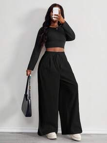 SHEIN PETITE CURVE 女士极简波西米亚风度假休闲基础款日常穿搭亚麻舒适低腰宽松裤 - 黑色 - 查看 6