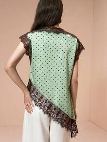 Arave Mint Green Polka Dot Lace Patchwork Satin Blouse,Elegant Summer Asymmetric Hem Spaghetti Straps Top,Vintage Business Casual Office Date - Mint Green - View 6