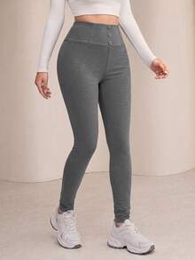 Modelyn Women's Casual Comfortable Button-Up Leggings - Dark Grey - View 3