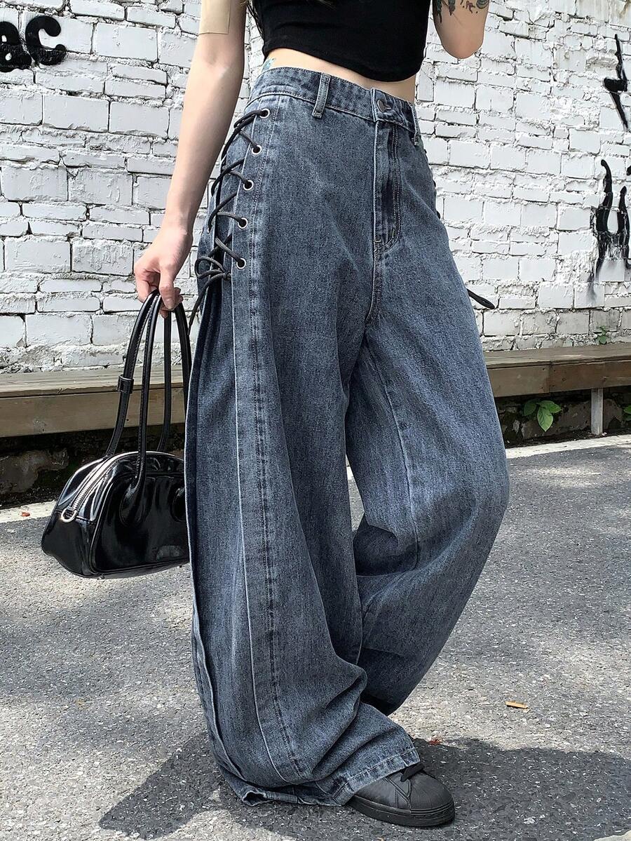 DAZY Women's Tie-Up Design Button Casual Versatile Daily Wear Wide Leg Jeans - Blue - View 1