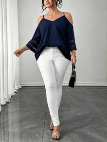 Elenzga Plus Size Women's Regular Spring/Summer Casual Elegant Fashionable Commuter Spaghetti Strap Open Shoulder 3/4 Sleeve Mesh Panel Navy Blue Blouse - Navy Blue - View 4