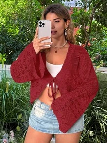 Vionelle 大码纯色时尚系带蝴蝶结贝壳边短款披肩钩编网眼沙滩喇叭袖开衫 - 紅色 - 查看 3