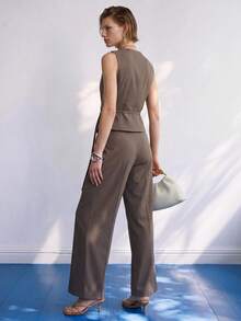 Airaco Women's Solid Color Vest & Casual Long Pants Set, Traceable Cotton - Grey - View 2
