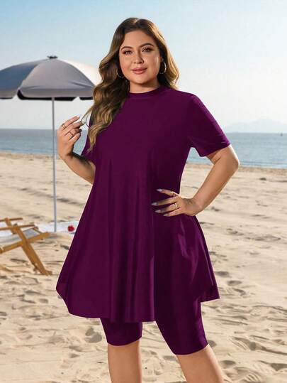 Swim Mulvari Plus Size Women 2pcs Loose Mid-Length Modest Sunscreen Vacation Burkini Swimwear Set Beach Gym Beach Vacation Vacation Summer