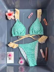 Swim Mod 两件套女士沙滩装，时尚可爱性感沙滩装，格子特殊面料荷叶边花卉可调节三角上衣和可爱比基尼泳裤，适合泳池派对 - 彩色 - 查看 3