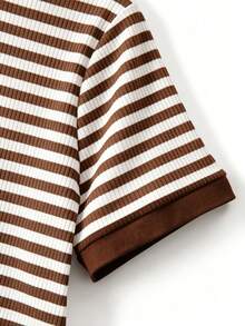 GlowEve CURVE 2pcs/Set Crew Neck Short Sleeve Black & White Striped Comfortable Elastic Waist Top & Pants, Suitable For Spring, Summer, Autumn, Plus Size - Mocha Brown - View 4