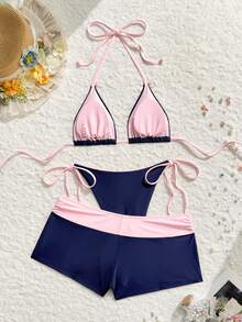 Swim Mod Bộ đồ bơi 3 món nữ 26SS Xuân/Hè mới, quần bikini tam giác buộc dây hở lưng cổ chữ V phối màu đen trắng tương phản, trang trí nơ, cho đi biển nghỉ dưỡng - Màu xanh hải quân - Xem 5