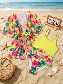 SHEIN Cô Gái Trẻ Bản in nhiệt đới Cắt ra Đồ bơi một mảnh Có Kimono - Nhiều màu - Xem 3