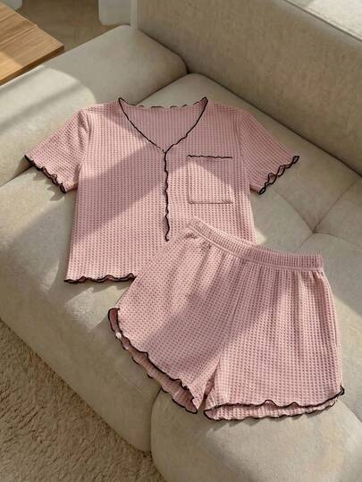 Resyla 女士华夫格针织撞色边家居服套装