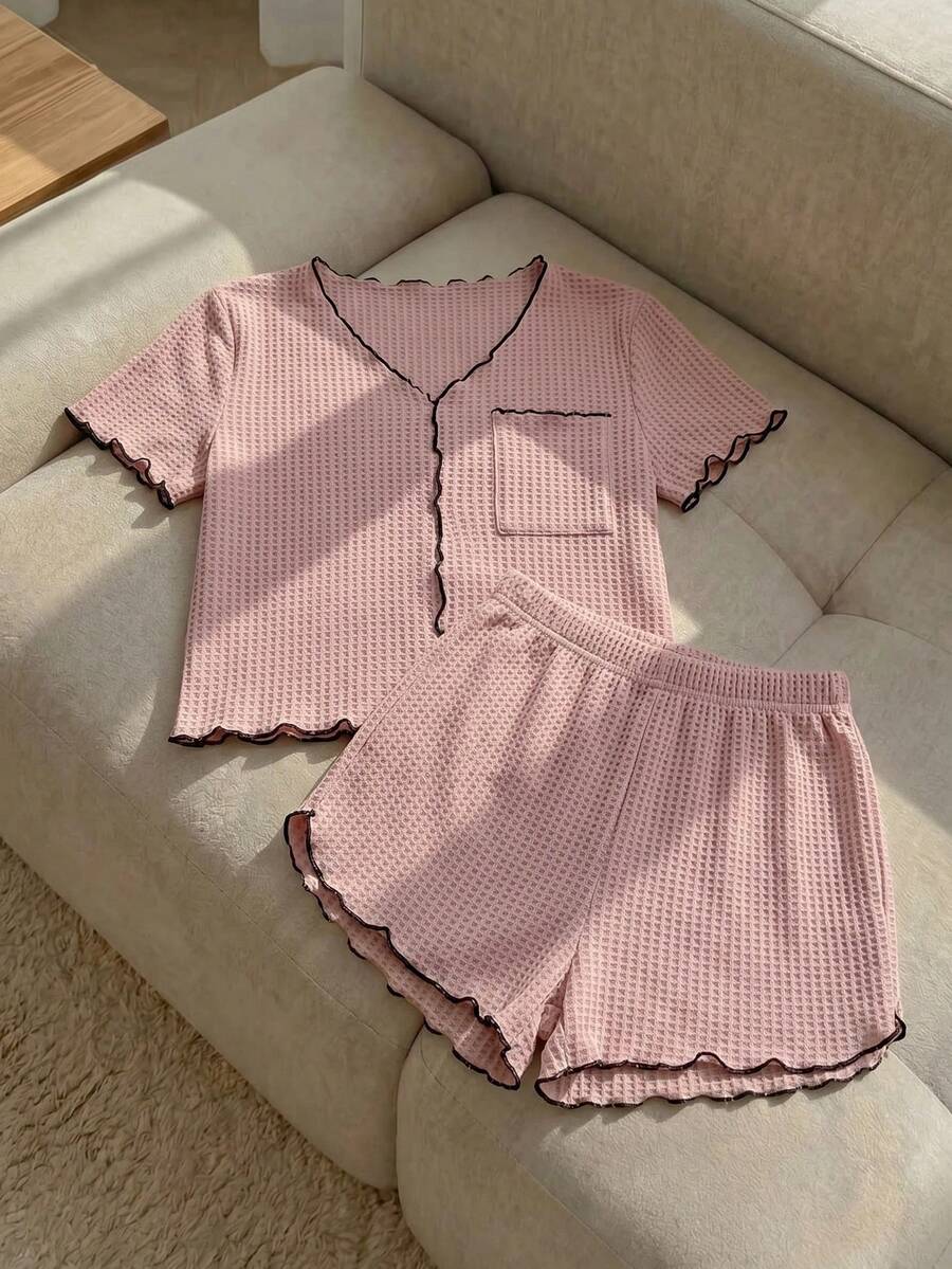 Resyla 女士华夫格针织撞色边家居服套装 - 藕粉色 - 查看 1