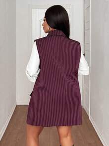 Maweii Blazer Seksi Bergaris Tanpa Bahu untuk Wanita Ukuran Plus - Burgundy - View 5