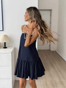 Easowa Square Collar Ruffle Hem A-Line Dress, Casual Loose Elegant Commuter Vintage Style Mini Dress For Women, Spring/Summer City Break Vacation Navy Blue - Navy Blue - View 4