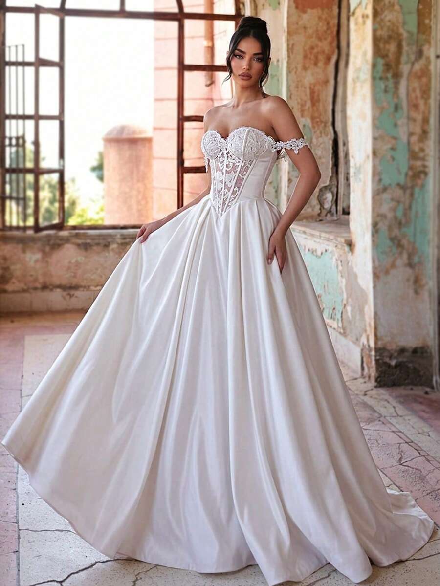 Glamrae Elegant Ivory Summer Wedding Bridal Gown,Off-Shoulder White Glossy Front Panel Spliced Pearl Lace Sheer Fishbone A-Line Skirt With Side Real Pockets