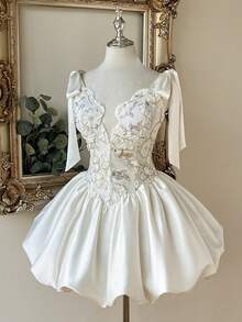 Lovelzi Elegant White Summer Bachelorette Party Formal Wedding Guest Midi Dress Heavily Beaded Embroidered Satin Patchwork Spaghetti Strap Floral - White - View 7