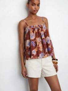 Maija Women's Summer Boho Floral Chiffon Pleated Babydoll Cami Top, Elegant Casual Vacation Holidays, Beach Festival Party Country Style Top - Multicolor - View 4