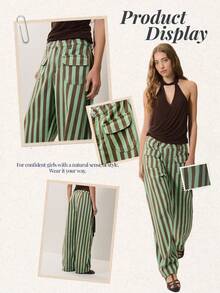 Nöista High-Waisted Wide-Leg Pants Featuring Vertical Brown Striped And Stripes With Front Flap Pkets A Relaxed Fit. Lightweight Comfortable. Everyday Punk - Green - View 10