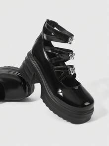 ROMWE Kawaii Giày sandal cao gót nữ, gót thấp, đế dày, kiểu Mary Jane, giày cao gót siêu cao 10cm bằng da, giày đơn chống thấm nước, giày bốt mùa đông. - màu đen - Xem 3