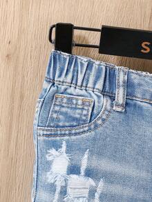 SHEIN Baby Boys' Summer Casual Distressed Ripped Frayed Blue Button Front Pockets Skinny Denim Shorts,Baby Spring/Summer Spring Break Daily Wear - Light Wash - View 3