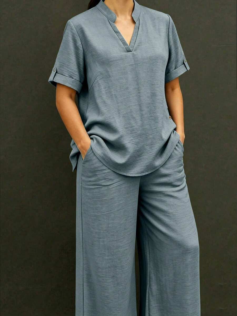 Linhara CURVE 大尺碼女款灰藍色夏季休閒日常兩件套,皺褶缺口領短袖上衣搭配直筒口袋長褲 - 水鴨藍 - 查看 1