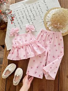 SHEIN Bộ áo hai dây và quần kẻ sọc vàng trắng dễ thương cho bé gái sơ sinh, thích hợp mặc đi nghỉ mát. - Nhiều màu - Xem 4