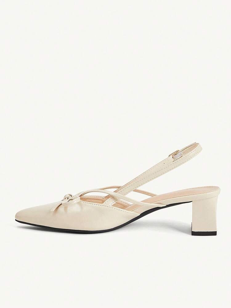 CUCCOO CHICEST Apricot Oily Leather Pointed Bow Slingback Thick Heel Sandals, Workplace Commuting Temperament Shoes