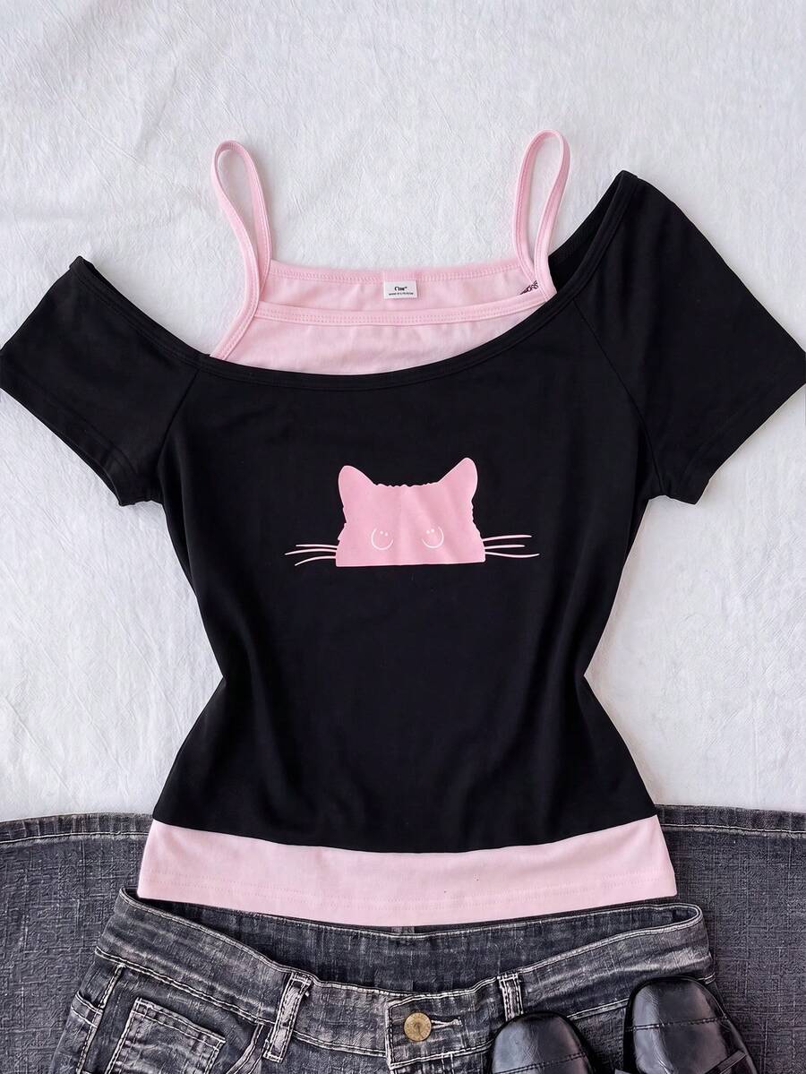 Teen Girl/Teen Girls Y2K Style Casual Minimalist Black & Pink Printed Ruched Tie Front Crop Top - Multicolor - View 1