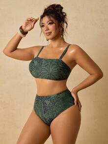 Conjunto de traje de baño estampado para mujer de talla grande, parte superior de traje de baño con lazo en el escote tipo bandeau - Verde Oscuro - Ver 4