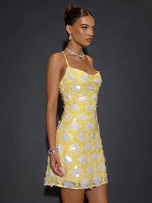 SHEIN BAE Robe mini dos nu à sequins abricot, convenant pour cocktail, rendez-vous romantique, superposition automne/hiver, soirée, événement formel, Halloween, Noël - Jaune citron - Voir 5