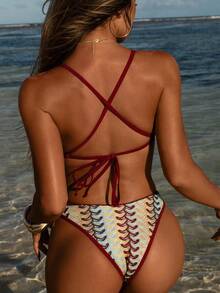 Swim SXY 2 piezas Conjunto de bikini con escote de barco y espalda cruzada en triángulo, de tela especial, traje de baño de moda y sexy - Multicolor - Ver 2