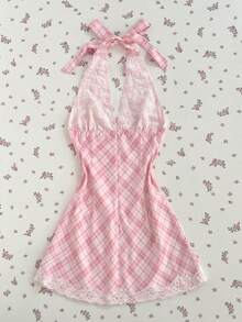 Flirla Women's Deep V Neck Backless Lace Trim Plaid Mini Dress, Spring/Summer - Baby Pink - View 2