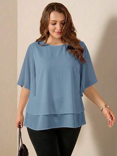 Comfylo Plus Size Women Flowy Chiffon Solid Color Round Neck Blouse