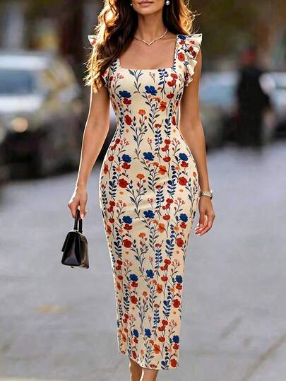 RosyDaze Women's Summer New Vintage Elegant Romantic Ditsy Floral Ruffle Sleeve Fitted Dress, Made Of Ribbed Texture Fabric, Skin-Friendly And Crisp; Square Neckline Design With Ruffle Sleeves, Dynamic And Youthful, Red And Blue Ditsy Floral Covers The Dress, Full Of French Romantic Vibe, Fitted Silhouette Accentuates The Curves, Maxi Length Dress Is Graceful And Elongating, Suitable For Dates, Vacations Or Daily Outings