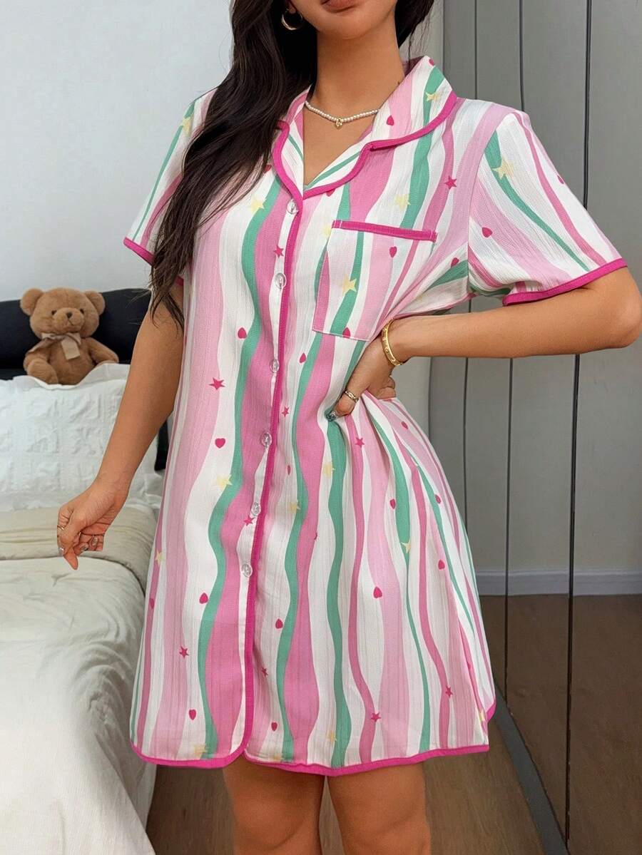 Dream Adore Cute Loose Pocket Front Button Colorful Striped Print Short Sleeve Women Summer Nightgown - Multicolor - View 1