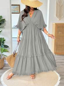 Vionelle Vestido regular con volantes y unicolor de estilo francés, talla grande, primavera/verano - Gris - Ver 4