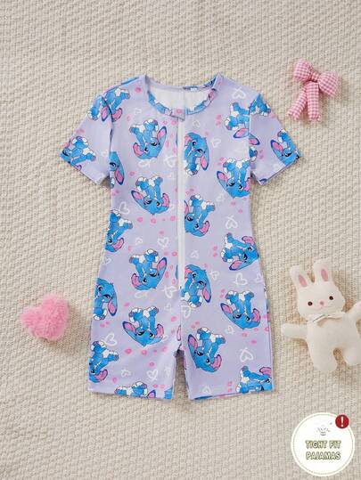 1pc Girls' Stitch Cartoon Jumpsuit, All-Over Stitch & Heart Print In Soft Purple, Front Zipper Design For Easy Wear, Soft Knit Polyester Fabric, Snug Fit, Machine Washable