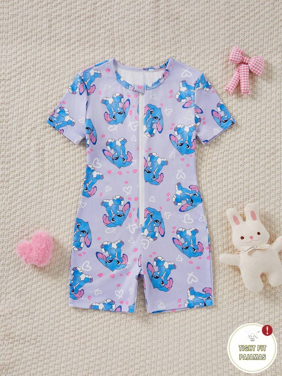 1pc Girls' Stitch Cartoon Jumpsuit, All-Over Stitch & Heart Print In Soft Purple, Front Zipper Design For Easy Wear, Soft Knit Polyester Fabric, Snug Fit, Machine Washable - Multicolor - View 1