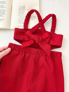 Bubblio Baby Girls' Criss-Cross Backless Jumpsuit With Bow, Fashionable Casual Streetwear - Red - View 4