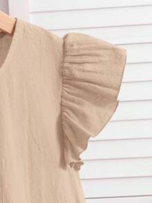 SHEIN 2pcs/Set Girls Casual Ruffle Trim Round Neck Blouse&Loose Woven Pants Set,Khaki,Suitable For Commuting,Parties,Shopping,Vacation,School - Khaki - View 3