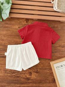 Set Baju Lengan Pendek dan Celana Pendek Pinggang Elastis Gaya Sekolah Kasual Lucu untuk Bayi Laki-laki Baru Lahir - Red and White - View 2