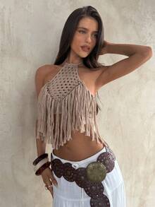 Aloruh Áo croptop dệt kim thủ công trang trí tua rua, kiểu dáng boho gợi cảm mới cho nữ mùa hè. - Màu Khaki - Xem 3