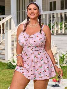 Swim Mod Plus Size Women Cherry Print Rouched Drawstring Hem Top And Matching Triangle Bottoms, Sexy Casual Summer Party Pool Swimsuit Set - Multicolor - View 1