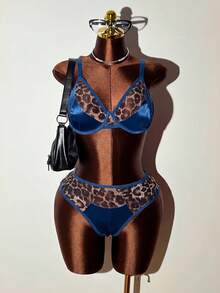Bare Chapter Plus Size Sexy Leopard Print Colorblock Satin & Mesh Top + Panty 2-Piece Set - Blue - View 3